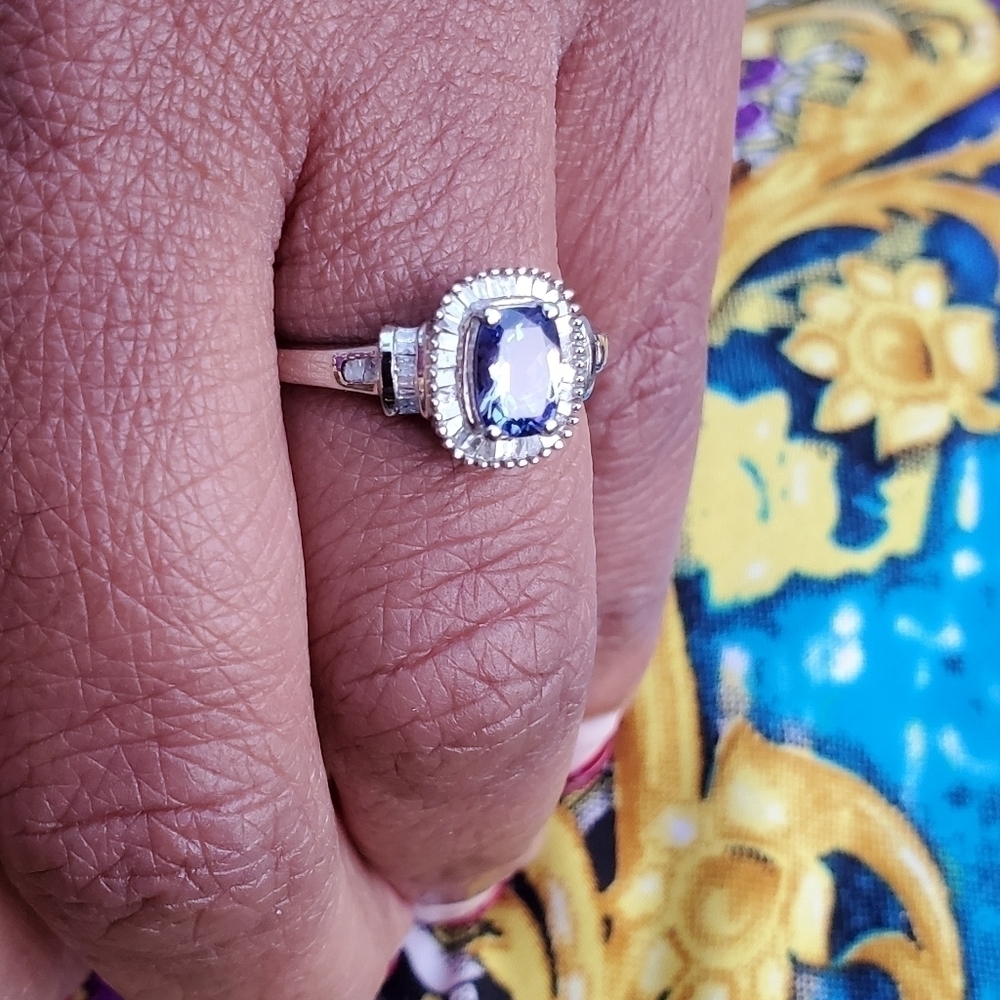 Tanzanite Diamond Halo Ring Platinum Over Sterling Silver - Picture 6 of 9